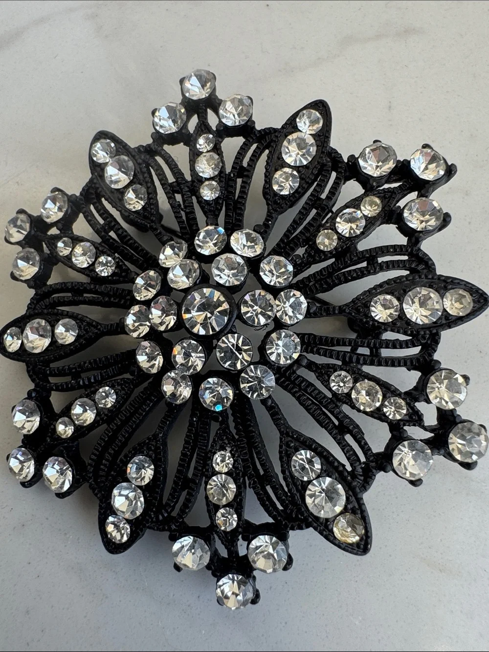Vintage Glam Black Metal & Clear Rhinestone Starburst Flower Brooch edgy